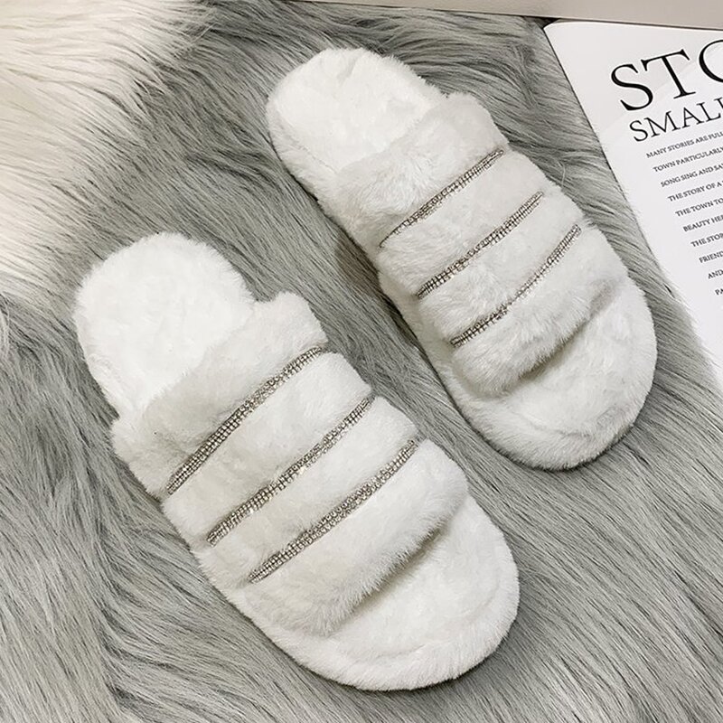 

Rhinestone Striped Fluffy Slippers, White