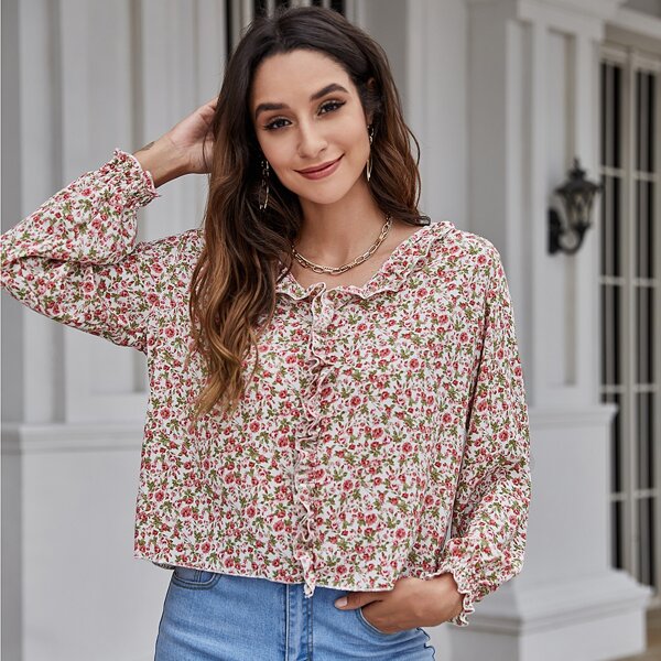 

Ditsy Floral Frill Trim Top, Multicolor