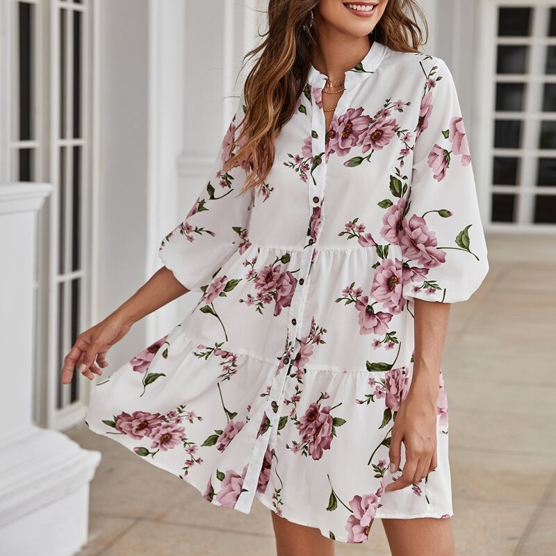 

Notch Neck Button Front Belted Floral Dress, White