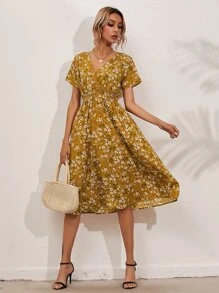 SHEIN Holidaya Allover Floral Shirred Wrap Dress - Mustard Yellow - View 1