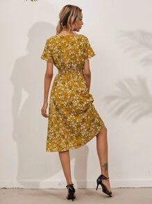 SHEIN Holidaya Allover Floral Shirred Wrap Dress - Mustard Yellow - View 2