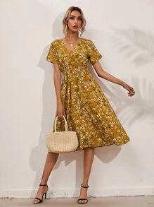 SHEIN Holidaya Allover Floral Shirred Wrap Dress - Mustard Yellow - View 3