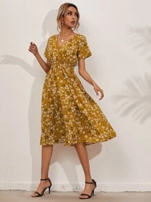 SHEIN Holidaya Allover Floral Shirred Wrap Dress - Mustard Yellow - View 4