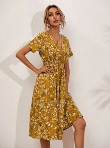 SHEIN Holidaya Allover Floral Shirred Wrap Dress - Mustard Yellow - View 5