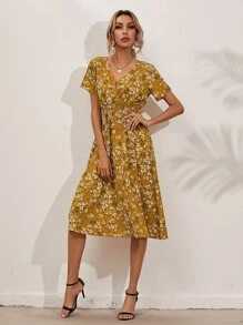 SHEIN Holidaya Allover Floral Shirred Wrap Dress - Mustard Yellow - View 6