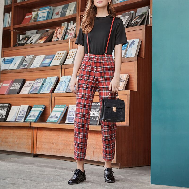 

Round Neck Tee & Tartan Suspender Pants, Multicolor