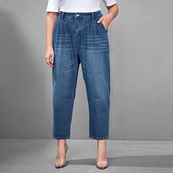 

Plus Fold Pleated Detail Jeans, Medium wash
