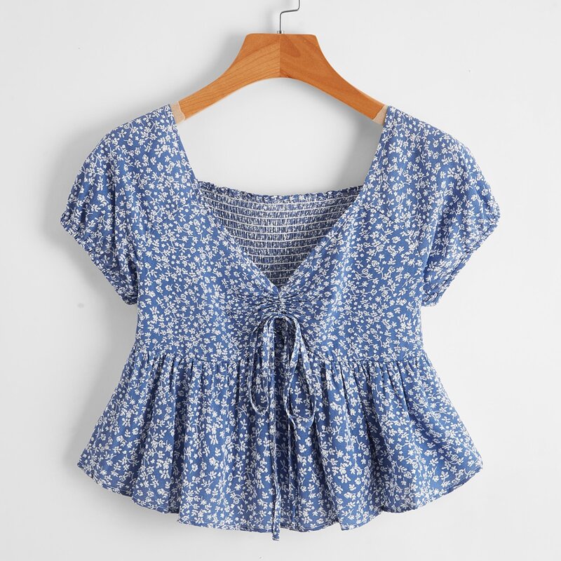 

Ditsy Flower Ruffle Hem Shirred Blouse, Blue