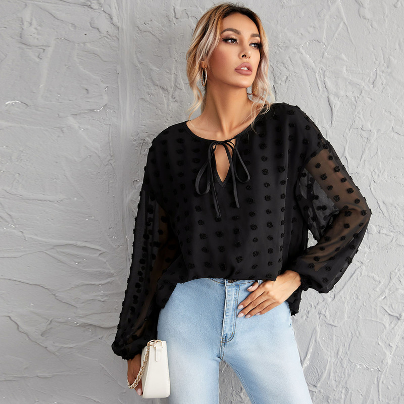 

Tie Neck Lantern Sleeve Swiss Dot Chiffon Top, Black