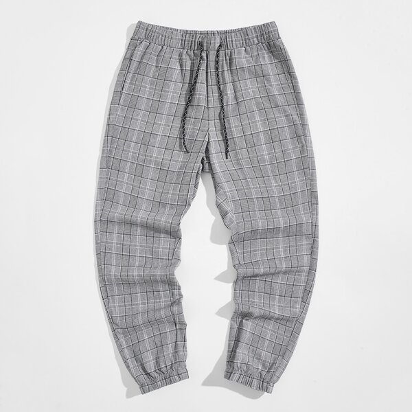 

Men Drawstring Waist Plaid Pants, Grey