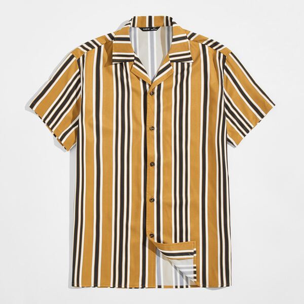 

Men Notch Collar Striped Shirt, Multicolor