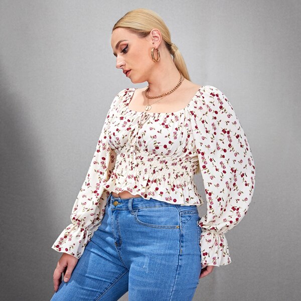 

Plus Ditsy Floral Shirred Knot Front Blouse, Beige