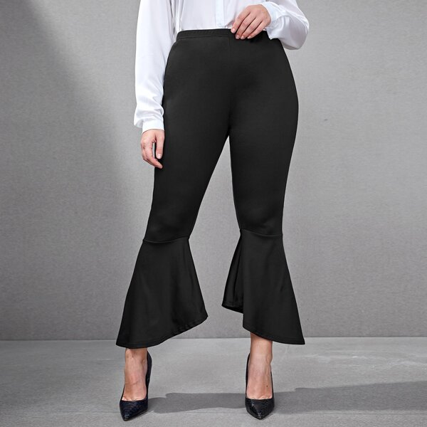 

Plus Solid Crop Flare Leg Pants, Black