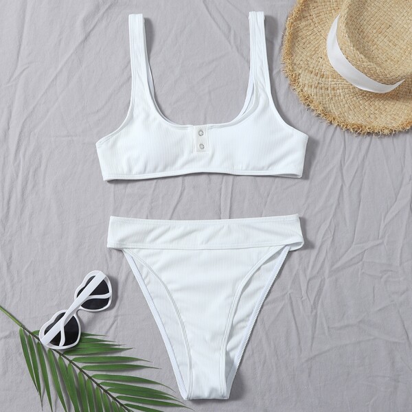 

Plain Rib High Waisted Bikini Swimsuit, White