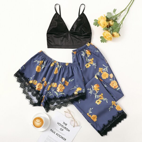 

3pcs Floral Print Lace Trimed Night Set, Multicolor