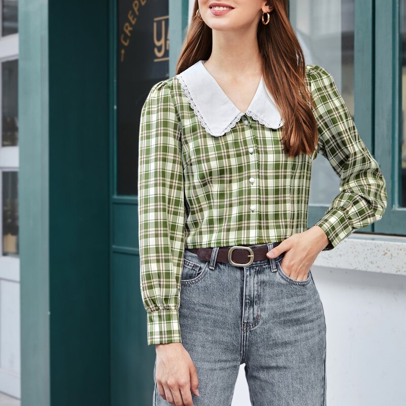 

Plaid Doll Collar Crop Blouse, Lime green