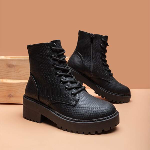 

Snakeskin Print Combat Boots, Black