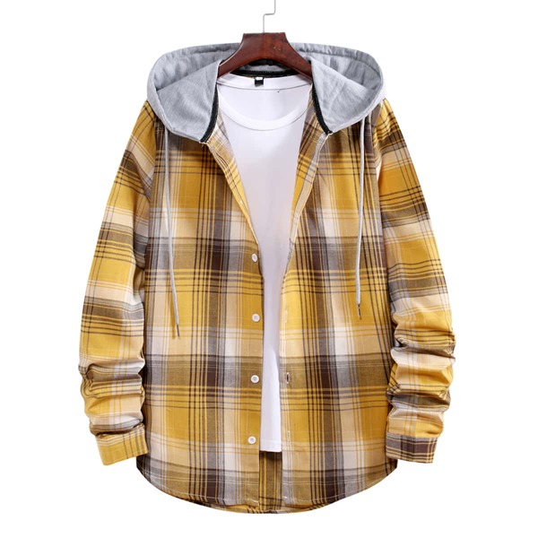 

Men Contrast Hooded Drawstring Plaid Shirt Without Tee, Yellow