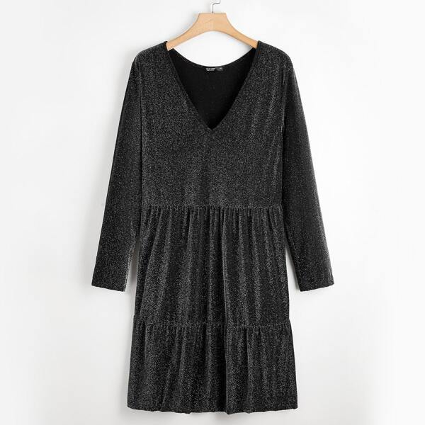 

Plus Glitter V-neck Ruffle Hem Babydoll Dress, Black