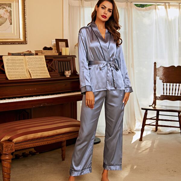 

Satin Binding Belted Night Set, Grey