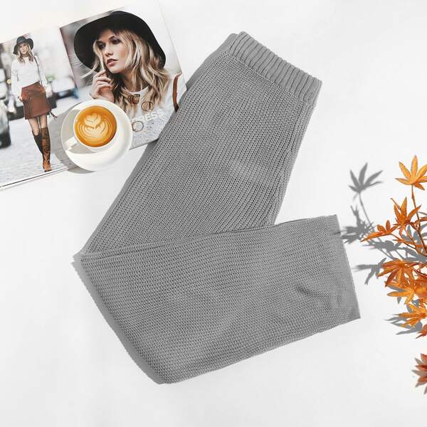 

Plus Solid Ribbed Knit Pants, Grey