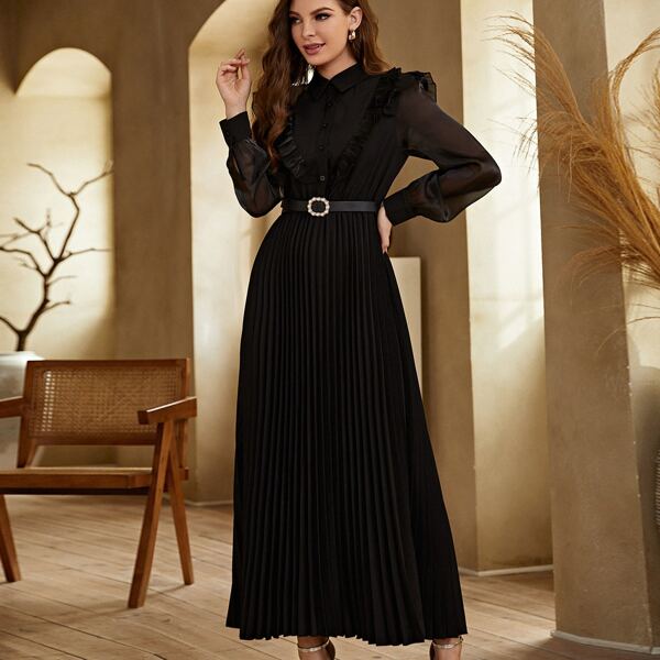 

Contrast Mesh Sleeve Pleated Shirt Dress, Black