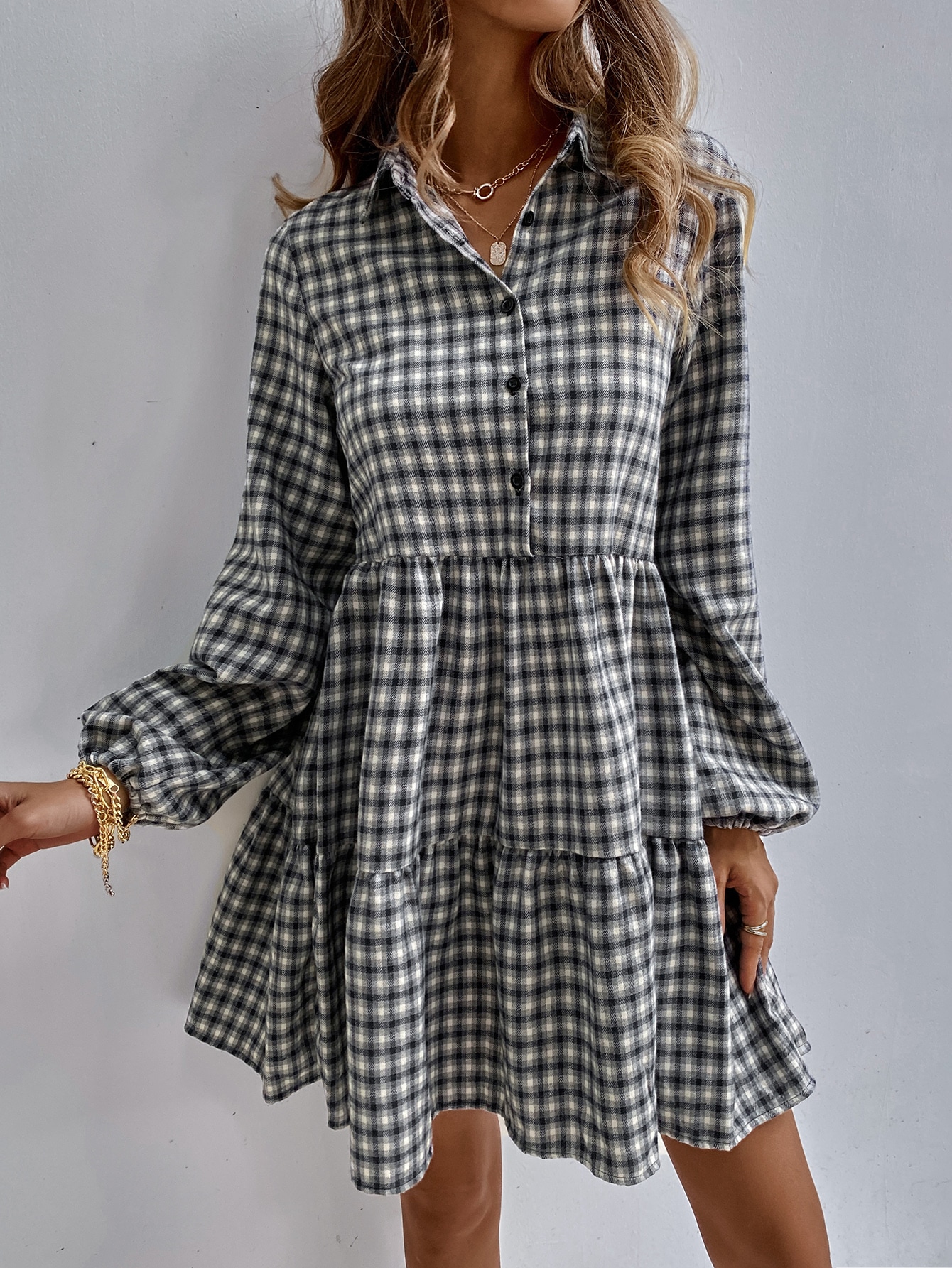 Plaid Ruffle Hem Smock Dress thumbnail