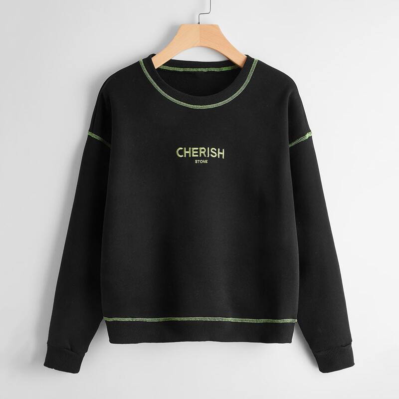 

Letter Embroidery Topstitching Sweatshirt, Black