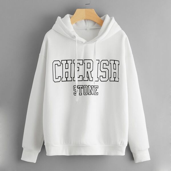 

Letter Graphic Drawstring Lined Hoodie, White