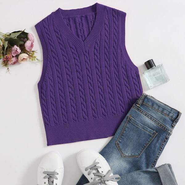 

Solid Cable Knit Top, Violet purple