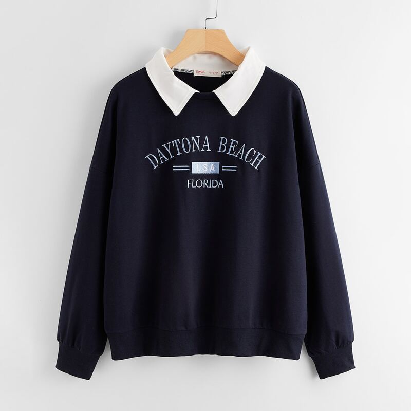 

Letter Embroidery Contrast Collar Oversized Sweatshirt, Navy blue
