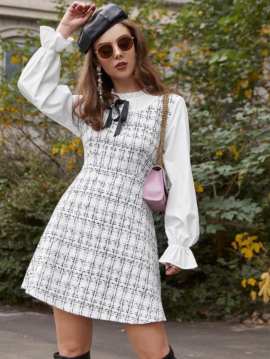 Flounce Sleeve Knot Front 2 In 1 Tweed Dress - Black and White - View 1