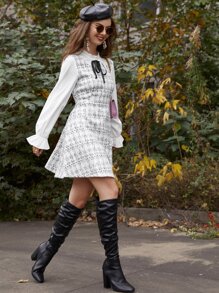 Flounce Sleeve Knot Front 2 In 1 Tweed Dress - Black and White - View 3