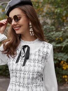 Flounce Sleeve Knot Front 2 In 1 Tweed Dress - Black and White - View 4