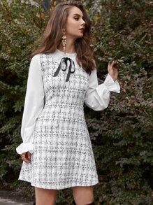 Flounce Sleeve Knot Front 2 In 1 Tweed Dress - Black and White - View 5