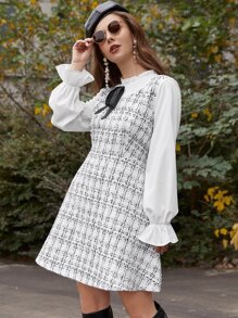 Flounce Sleeve Knot Front 2 In 1 Tweed Dress - Black and White - View 6