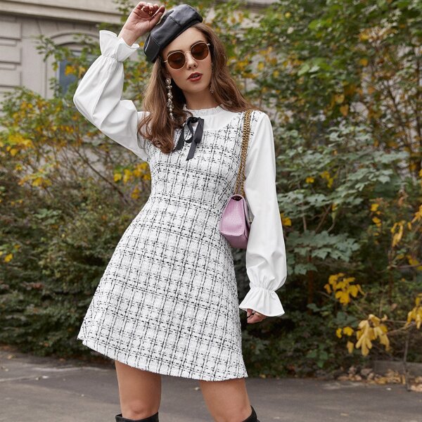 

Flounce Sleeve Knot Front 2 In 1 Tweed Dress, Black and white