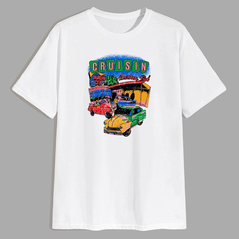 

Men Car & Letter Graphic Tee, White