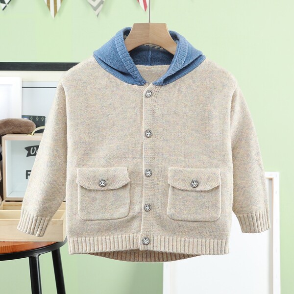 

Toddler Boys Letter Pattern Flap Pocket Hooded Cardigan, Beige