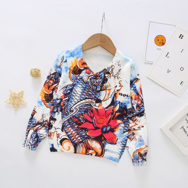 

Toddler Boys Graphic Print V Neck Sweater, Multicolor