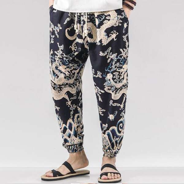 

Men Chinese Dragon Print Pants, Multicolor