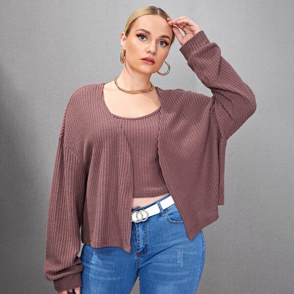 

Plus Waffle Knit Cami Top & Jacket Set, Dusty pink