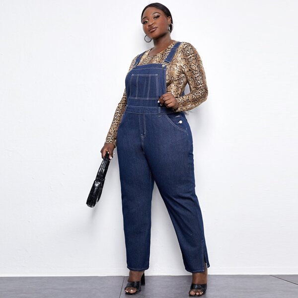 

Plus Adjustable Strap Pocket Front Split Hem Denim Overalls, Dark wash