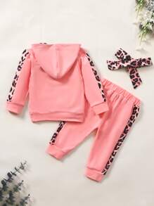 女嬰豹紋和字母圖案連帽衫和運動褲和髮帶 - 珊瑚粉 - 查看 2