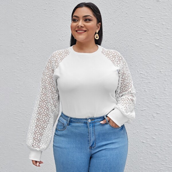 

Plus Pointelle Knit Raglan Sleeve Top, White