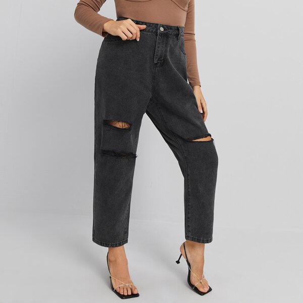 

Plus High-Rise Ripped Jeans, Black