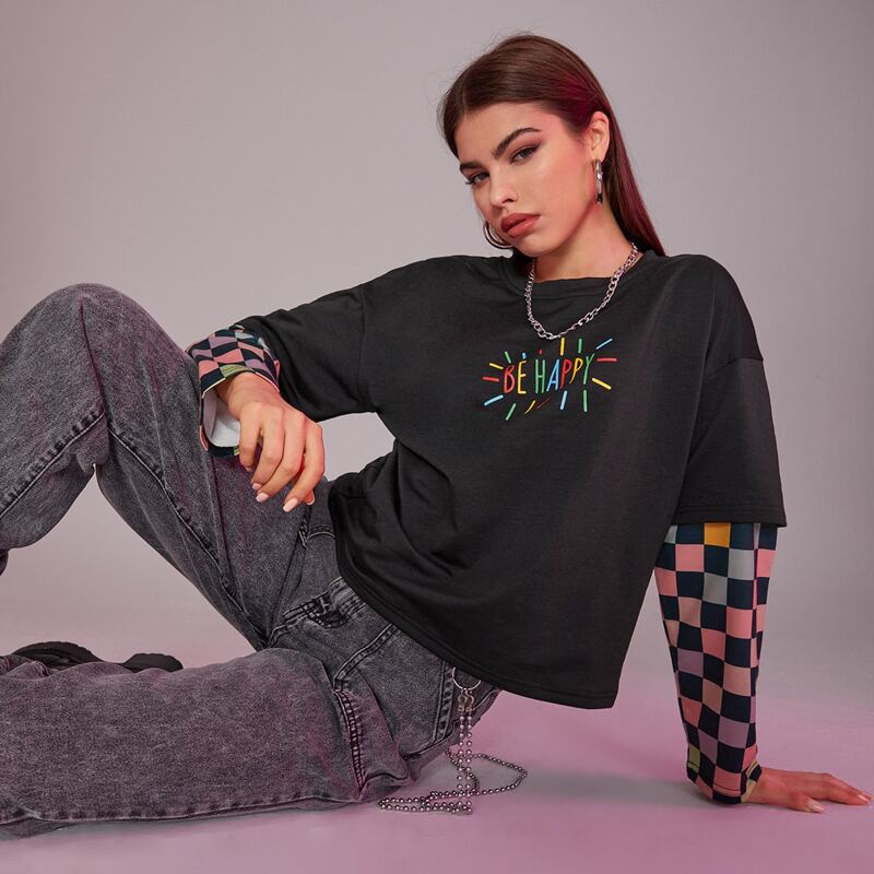 

Checkerboard Sleeve Letter Graphic Tee, Black