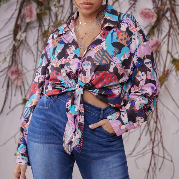 

Plus Figure Graphic Button Through Blouse, Multicolor