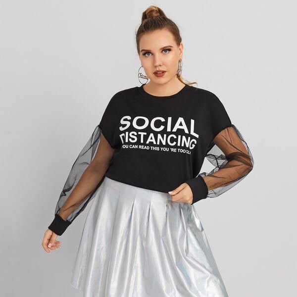 

Plus Contrast Mesh Drop Shoulder Slogan Graphic Tee, Black