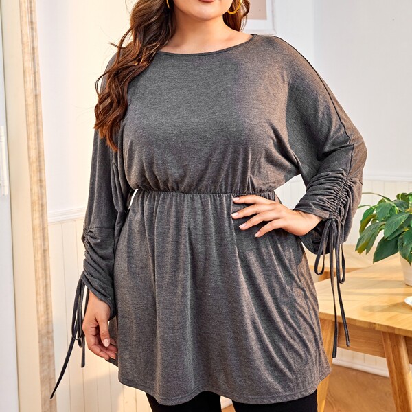 

Plus Drawstring Batwing Sleeve Long Tee, Dark grey